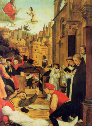 Saint Sébastien intercédant pour les pestiférés, par Josse Lieferinxe (1497-1499)